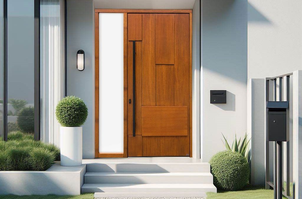 Porte extérieure moderne finie en bois naturel avec dentelle de porte en verre blanc opaque